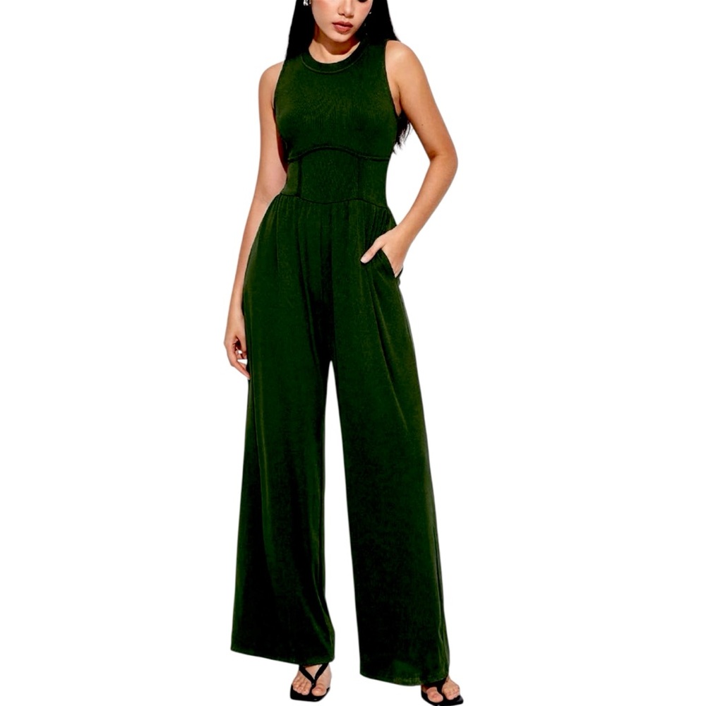 Cider Women’s Black Stretch Fitted Bodice Wide-Leg Jumpsuit Size L/XL
